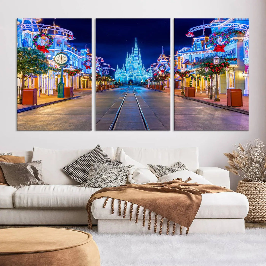 The three-panel art piece, known as the Disney Wall Art | Castle Large Wall Art Disney Magic Kingdom Print, beautifully showcases a brightly lit festive street featuring the enchanting Disney Castle.