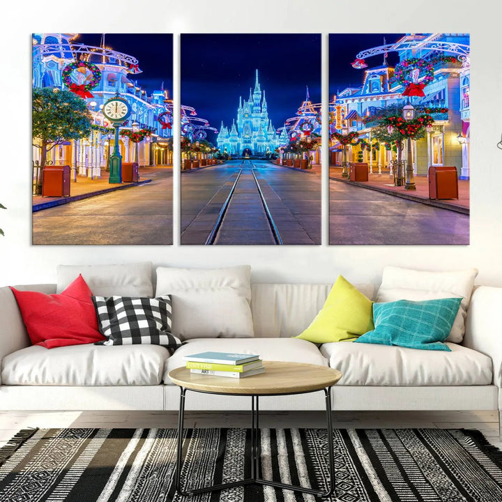 The three-panel art piece, known as the Disney Wall Art | Castle Large Wall Art Disney Magic Kingdom Print, beautifully showcases a brightly lit festive street featuring the enchanting Disney Castle.