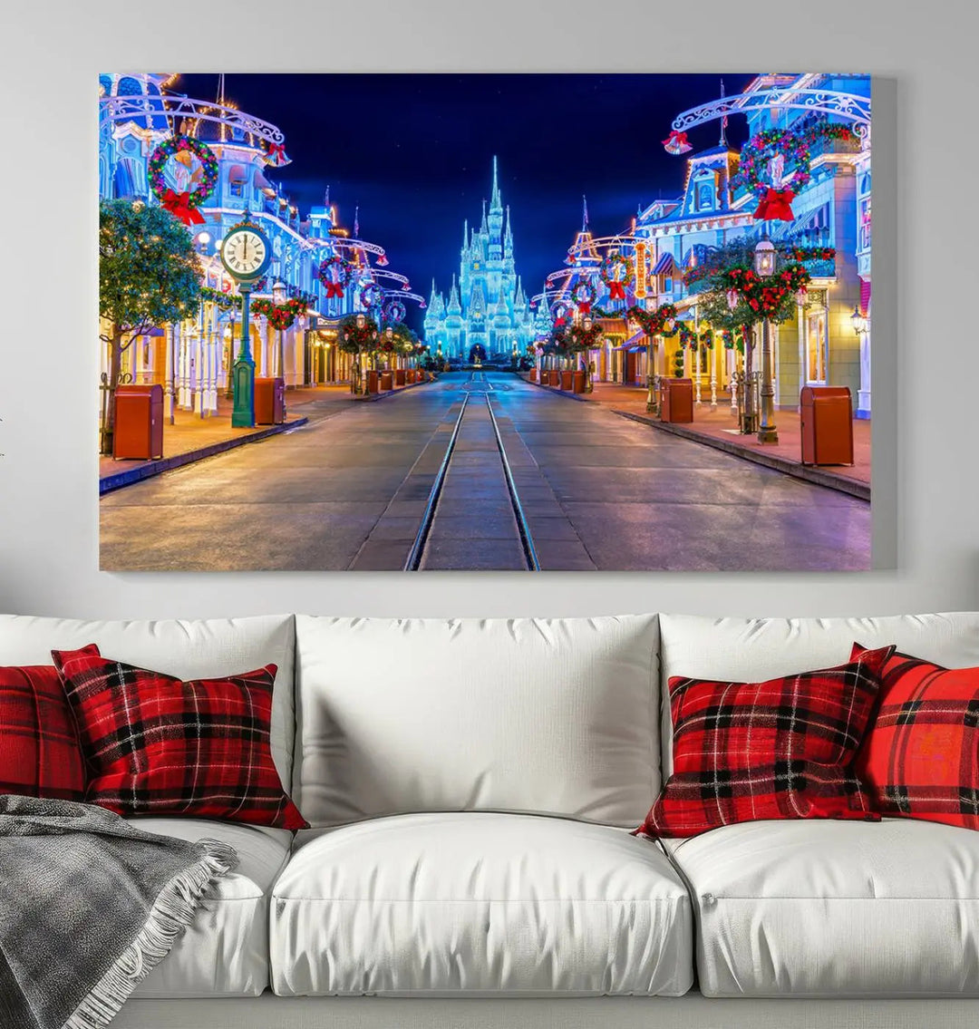 The three-panel art piece, known as the Disney Wall Art | Castle Large Wall Art Disney Magic Kingdom Print, beautifully showcases a brightly lit festive street featuring the enchanting Disney Castle.