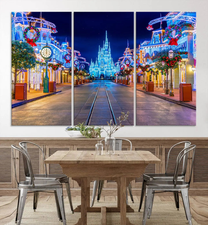 The three-panel art piece, known as the Disney Wall Art | Castle Large Wall Art Disney Magic Kingdom Print, beautifully showcases a brightly lit festive street featuring the enchanting Disney Castle.