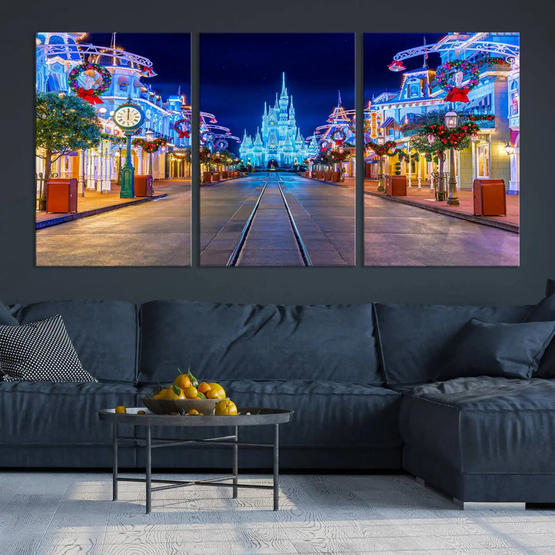 The three-panel art piece, known as the Disney Wall Art | Castle Large Wall Art Disney Magic Kingdom Print, beautifully showcases a brightly lit festive street featuring the enchanting Disney Castle.