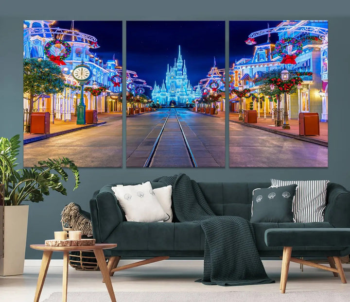 The three-panel art piece, known as the Disney Wall Art | Castle Large Wall Art Disney Magic Kingdom Print, beautifully showcases a brightly lit festive street featuring the enchanting Disney Castle.