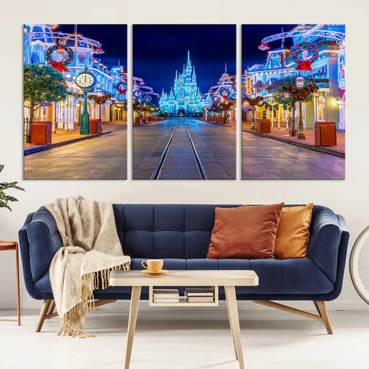 The three-panel art piece, known as the Disney Wall Art | Castle Large Wall Art Disney Magic Kingdom Print, beautifully showcases a brightly lit festive street featuring the enchanting Disney Castle.