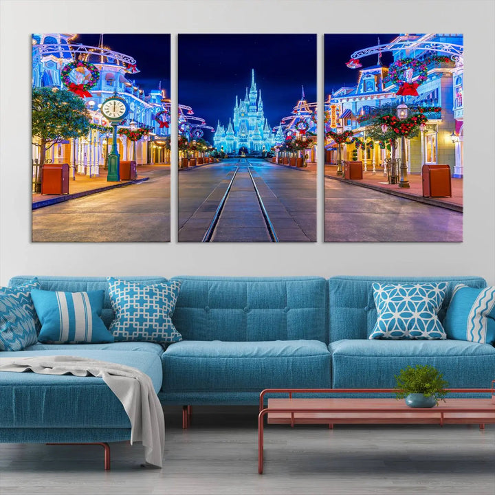 The three-panel art piece, known as the Disney Wall Art | Castle Large Wall Art Disney Magic Kingdom Print, beautifully showcases a brightly lit festive street featuring the enchanting Disney Castle.