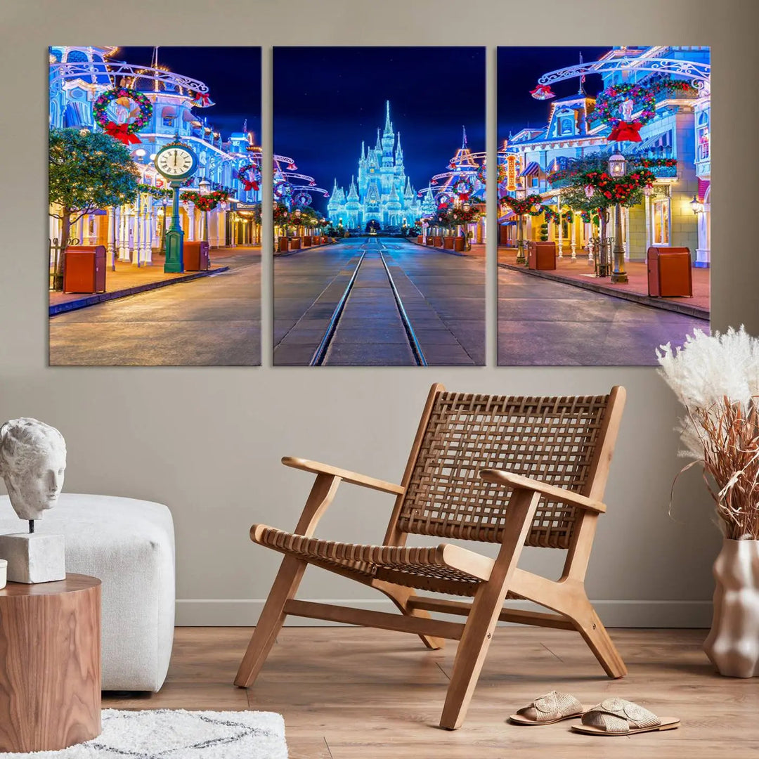 The three-panel art piece, known as the Disney Wall Art | Castle Large Wall Art Disney Magic Kingdom Print, beautifully showcases a brightly lit festive street featuring the enchanting Disney Castle.