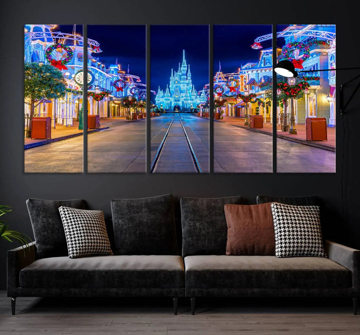 The three-panel art piece, known as the Disney Wall Art | Castle Large Wall Art Disney Magic Kingdom Print, beautifully showcases a brightly lit festive street featuring the enchanting Disney Castle.