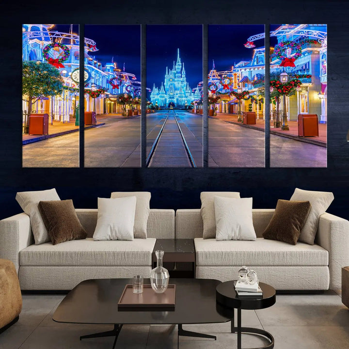 The three-panel art piece, known as the Disney Wall Art | Castle Large Wall Art Disney Magic Kingdom Print, beautifully showcases a brightly lit festive street featuring the enchanting Disney Castle.