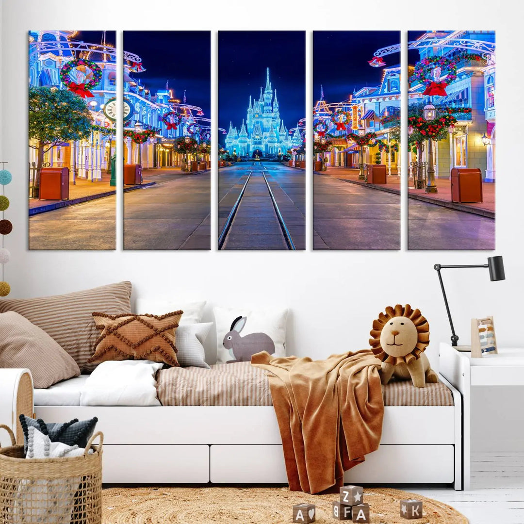 The three-panel art piece, known as the Disney Wall Art | Castle Large Wall Art Disney Magic Kingdom Print, beautifully showcases a brightly lit festive street featuring the enchanting Disney Castle.