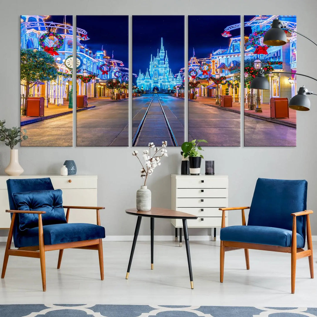 The three-panel art piece, known as the Disney Wall Art | Castle Large Wall Art Disney Magic Kingdom Print, beautifully showcases a brightly lit festive street featuring the enchanting Disney Castle.