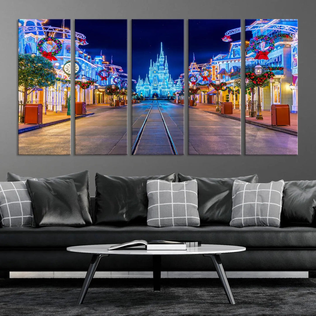 The three-panel art piece, known as the Disney Wall Art | Castle Large Wall Art Disney Magic Kingdom Print, beautifully showcases a brightly lit festive street featuring the enchanting Disney Castle.