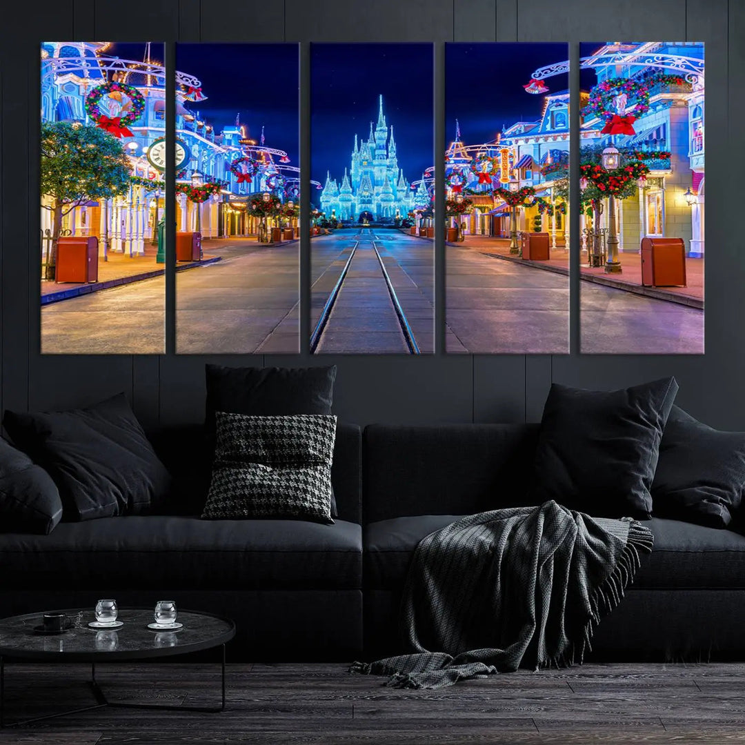 The three-panel art piece, known as the Disney Wall Art | Castle Large Wall Art Disney Magic Kingdom Print, beautifully showcases a brightly lit festive street featuring the enchanting Disney Castle.