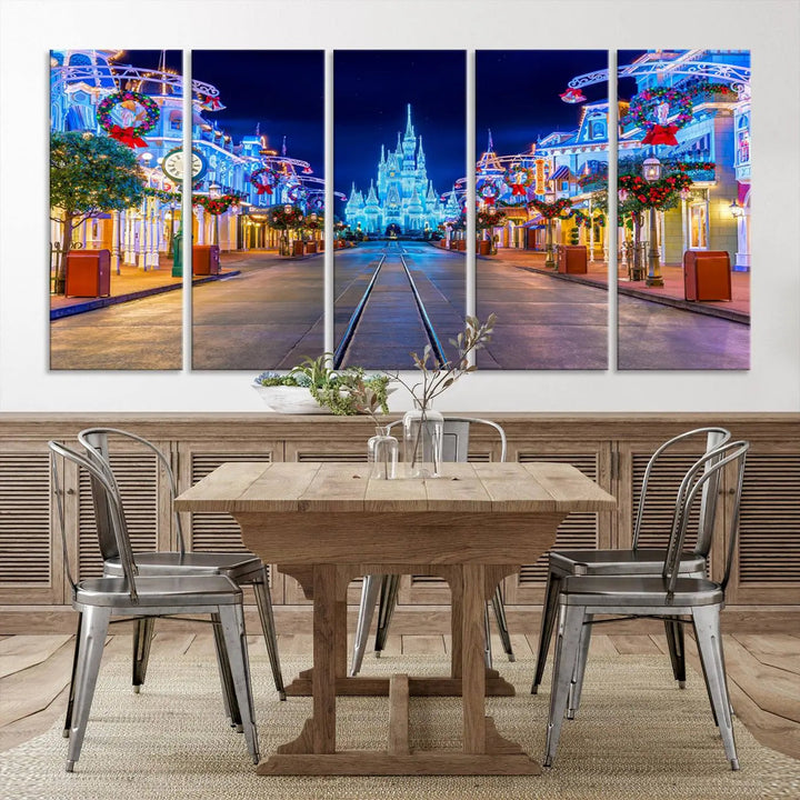 The three-panel art piece, known as the Disney Wall Art | Castle Large Wall Art Disney Magic Kingdom Print, beautifully showcases a brightly lit festive street featuring the enchanting Disney Castle.