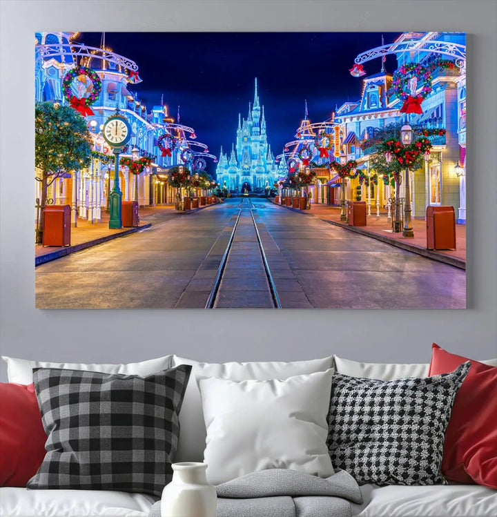 The three-panel art piece, known as the Disney Wall Art | Castle Large Wall Art Disney Magic Kingdom Print, beautifully showcases a brightly lit festive street featuring the enchanting Disney Castle.