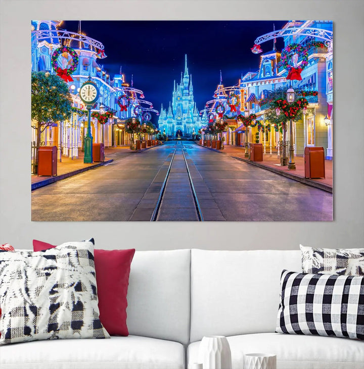 The three-panel art piece, known as the Disney Wall Art | Castle Large Wall Art Disney Magic Kingdom Print, beautifully showcases a brightly lit festive street featuring the enchanting Disney Castle.