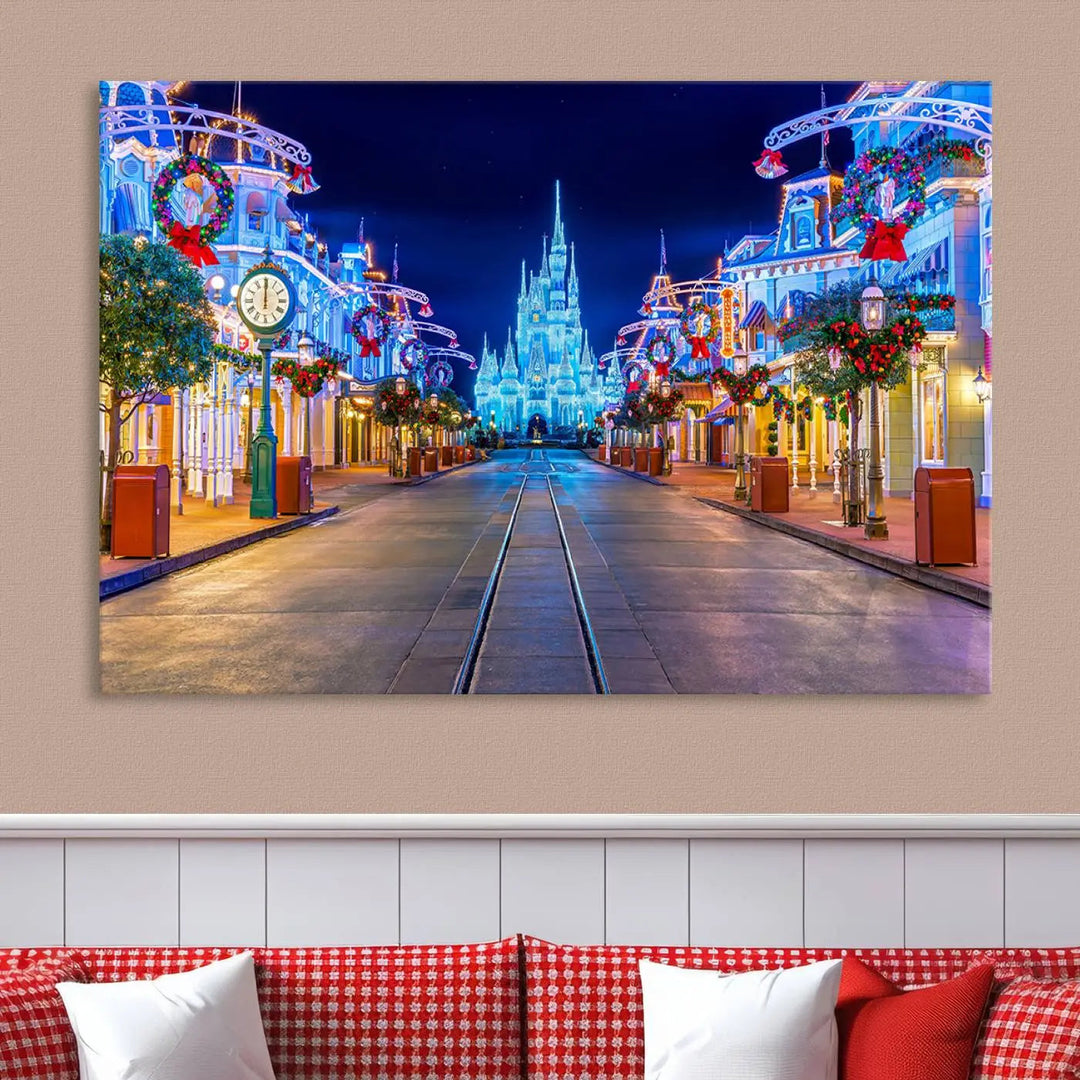 The three-panel art piece, known as the Disney Wall Art | Castle Large Wall Art Disney Magic Kingdom Print, beautifully showcases a brightly lit festive street featuring the enchanting Disney Castle.