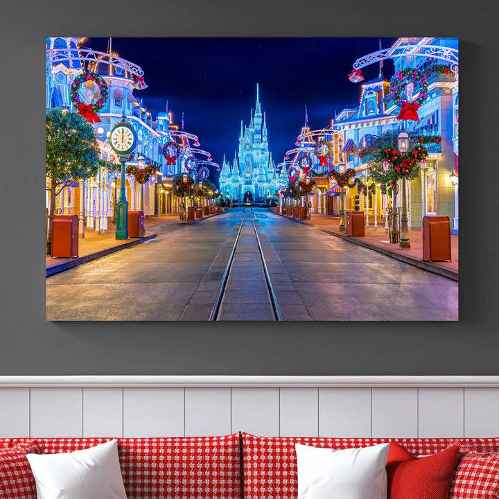 The three-panel art piece, known as the Disney Wall Art | Castle Large Wall Art Disney Magic Kingdom Print, beautifully showcases a brightly lit festive street featuring the enchanting Disney Castle.