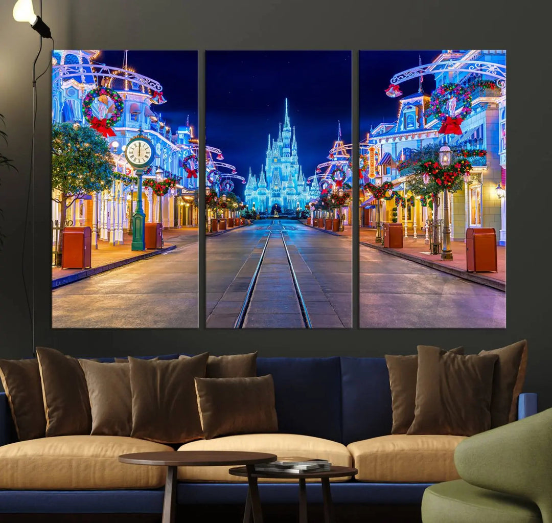 The three-panel art piece, known as the Disney Wall Art | Castle Large Wall Art Disney Magic Kingdom Print, beautifully showcases a brightly lit festive street featuring the enchanting Disney Castle.