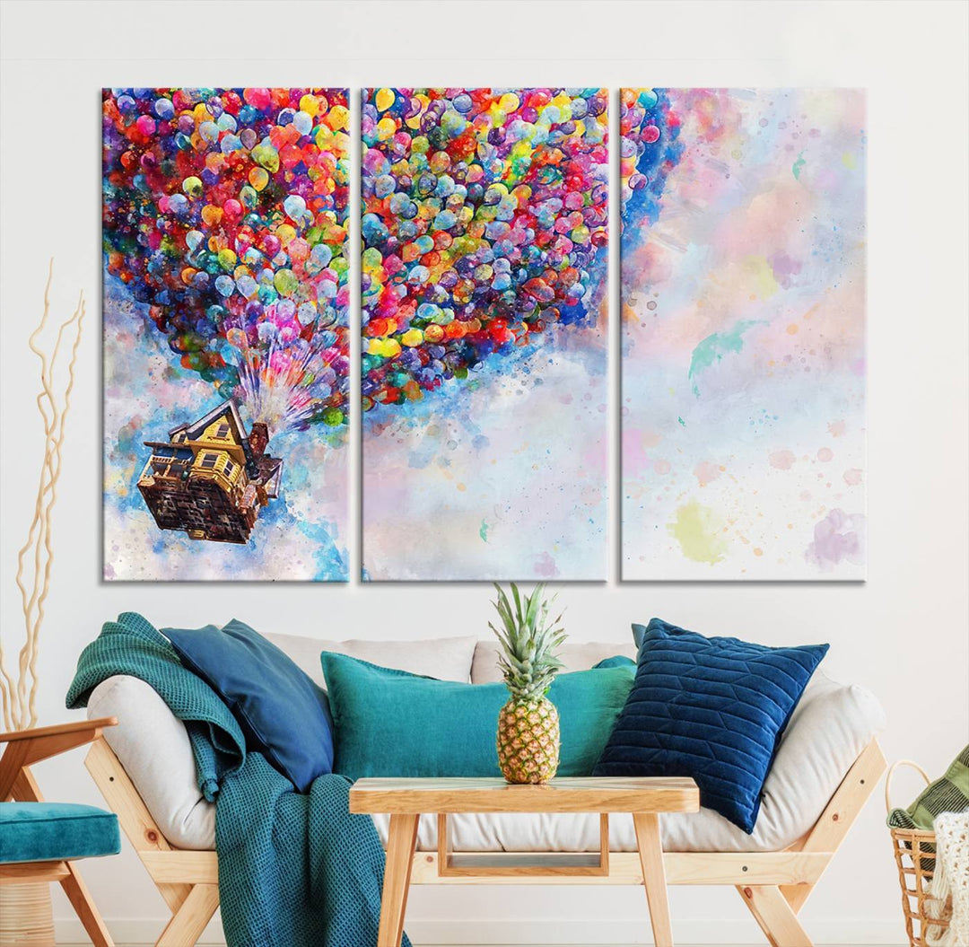 The Don't Look Up Movie Canvas Wall Art features a vibrant scene of a floating house carried by colorful balloons against a pastel sky. It's an ideal piece for movie enthusiasts who appreciate imaginative decor.