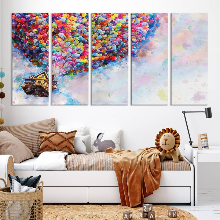 The Don't Look Up Movie Canvas Wall Art features a vibrant scene of a floating house carried by colorful balloons against a pastel sky. It's an ideal piece for movie enthusiasts who appreciate imaginative decor.