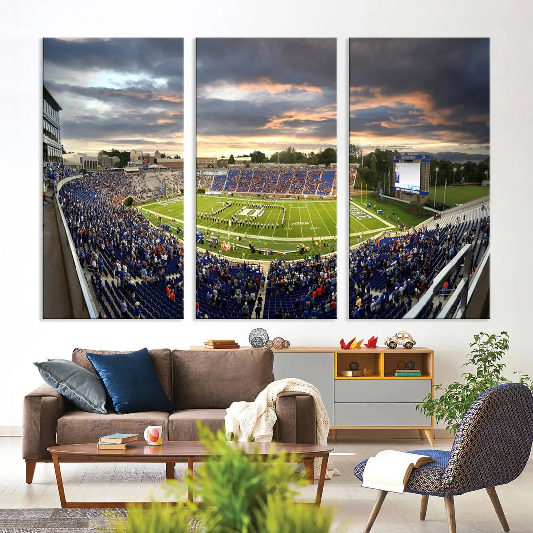 The wall art is a Duke University Blue Devils Football Team print featuring Durham's Wallace Wade Stadium, beautifully crafted on canvas with a gallery-quality finish.