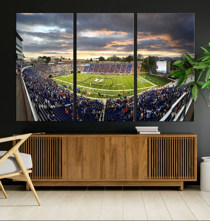 The wall art is a Duke University Blue Devils Football Team print featuring Durham's Wallace Wade Stadium, beautifully crafted on canvas with a gallery-quality finish.