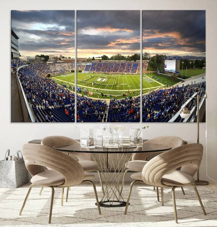 The wall art is a Duke University Blue Devils Football Team print featuring Durham's Wallace Wade Stadium, beautifully crafted on canvas with a gallery-quality finish.