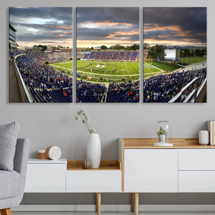 The wall art is a Duke University Blue Devils Football Team print featuring Durham's Wallace Wade Stadium, beautifully crafted on canvas with a gallery-quality finish.