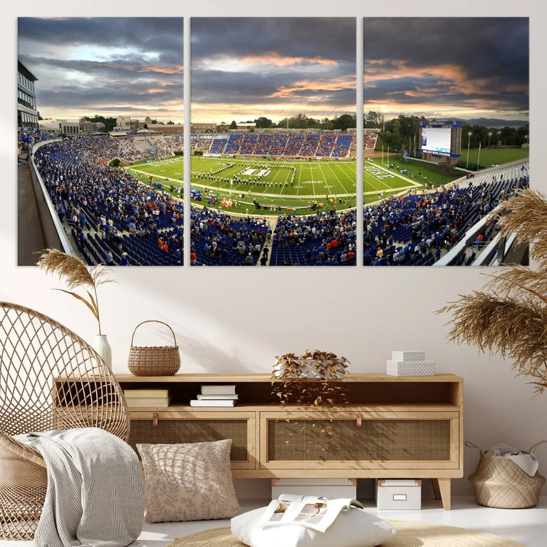 The wall art is a Duke University Blue Devils Football Team print featuring Durham's Wallace Wade Stadium, beautifully crafted on canvas with a gallery-quality finish.