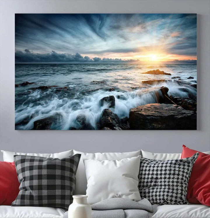 Dynamic Ocean Waves Triptych Canvas Art, Giclee Canvas Print Featuring a Dramatic Ocean Sunrise, Canon Print Quality with Gallery Wrap