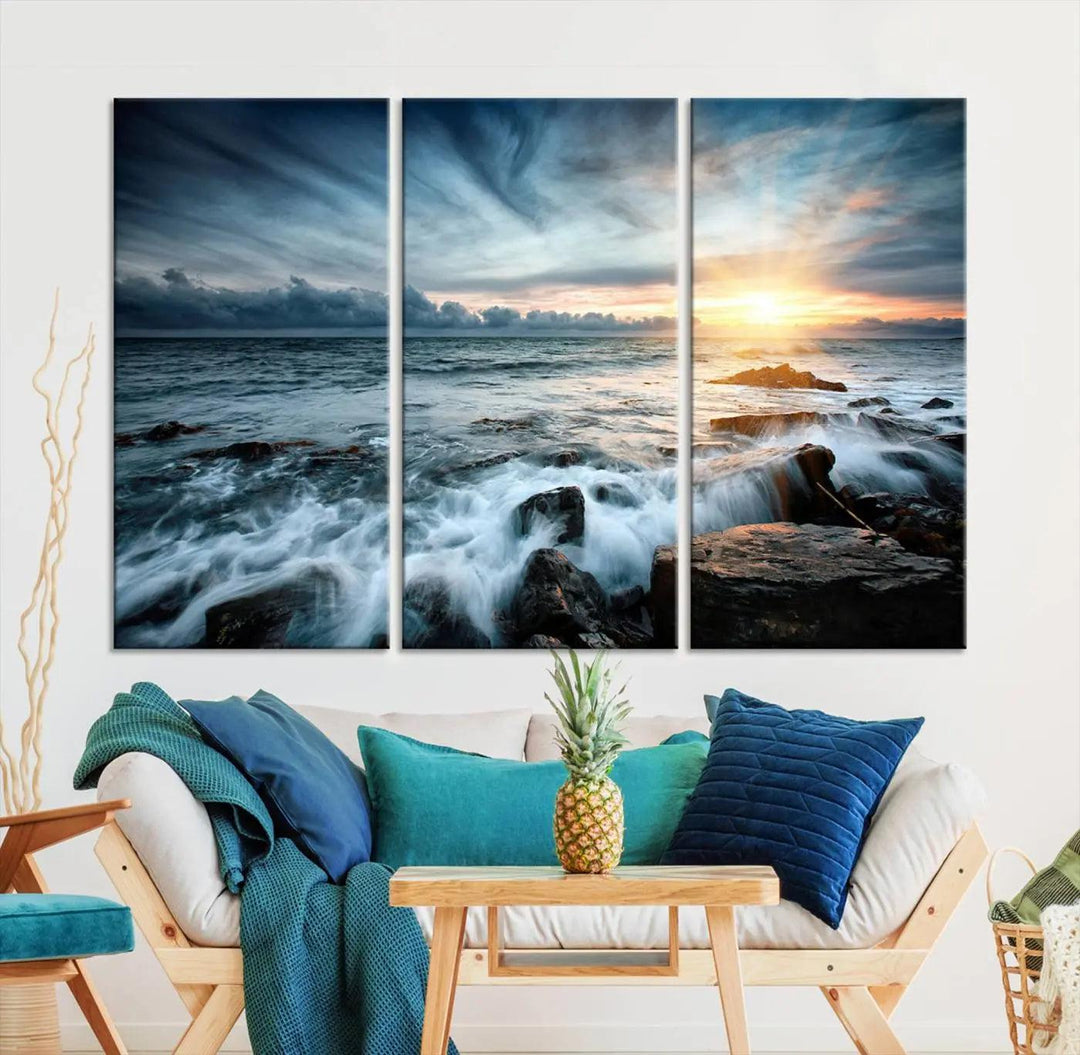 Dynamic Ocean Waves Triptych Canvas Art, Giclee Canvas Print Featuring a Dramatic Ocean Sunrise, Canon Print Quality with Gallery Wrap