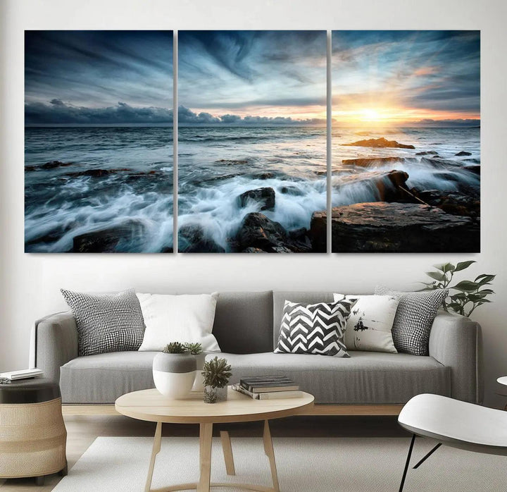 Dynamic Ocean Waves Triptych Canvas Art, Giclee Canvas Print Featuring a Dramatic Ocean Sunrise, Canon Print Quality with Gallery Wrap