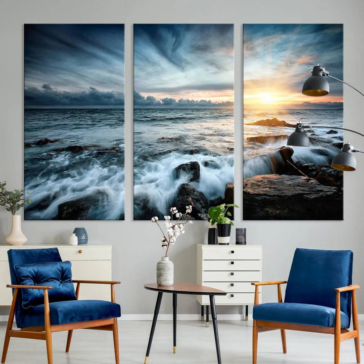 Dynamic Ocean Waves Triptych Canvas Art, Giclee Canvas Print Featuring a Dramatic Ocean Sunrise, Canon Print Quality with Gallery Wrap