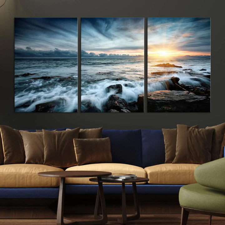 Dynamic Ocean Waves Triptych Canvas Art, Giclee Canvas Print Featuring a Dramatic Ocean Sunrise, Canon Print Quality with Gallery Wrap