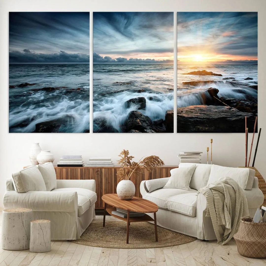 Dynamic Ocean Waves Triptych Canvas Art, Giclee Canvas Print Featuring a Dramatic Ocean Sunrise, Canon Print Quality with Gallery Wrap