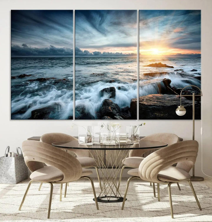 Dynamic Ocean Waves Triptych Canvas Art, Giclee Canvas Print Featuring a Dramatic Ocean Sunrise, Canon Print Quality with Gallery Wrap