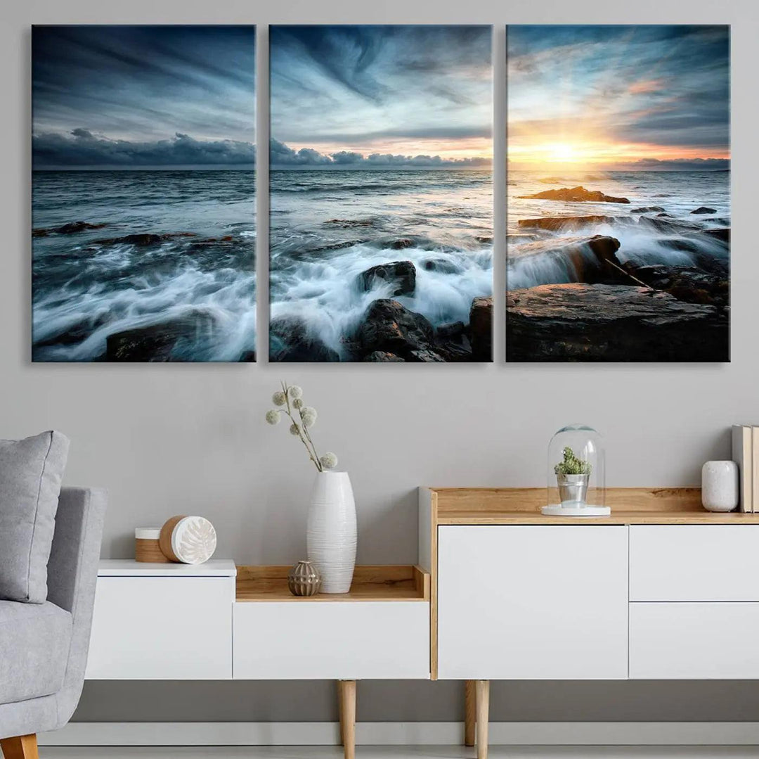 Dynamic Ocean Waves Triptych Canvas Art, Giclee Canvas Print Featuring a Dramatic Ocean Sunrise, Canon Print Quality with Gallery Wrap