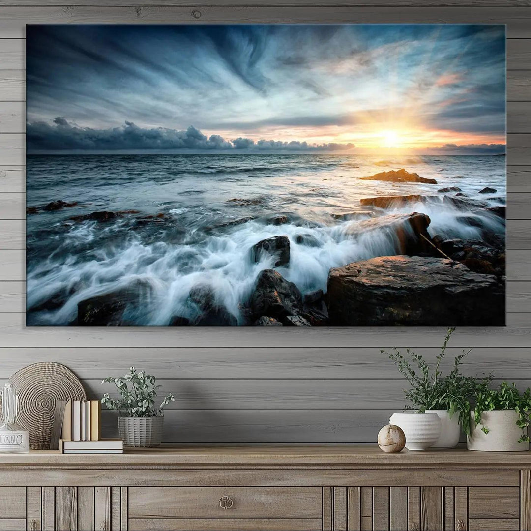 Dynamic Ocean Waves Triptych Canvas Art, Giclee Canvas Print Featuring a Dramatic Ocean Sunrise, Canon Print Quality with Gallery Wrap