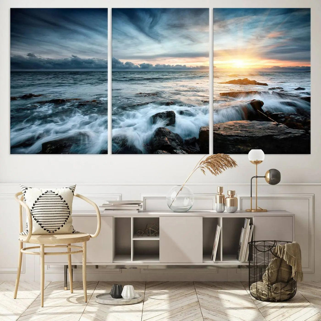 Dynamic Ocean Waves Triptych Canvas Art, Giclee Canvas Print Featuring a Dramatic Ocean Sunrise, Canon Print Quality with Gallery Wrap