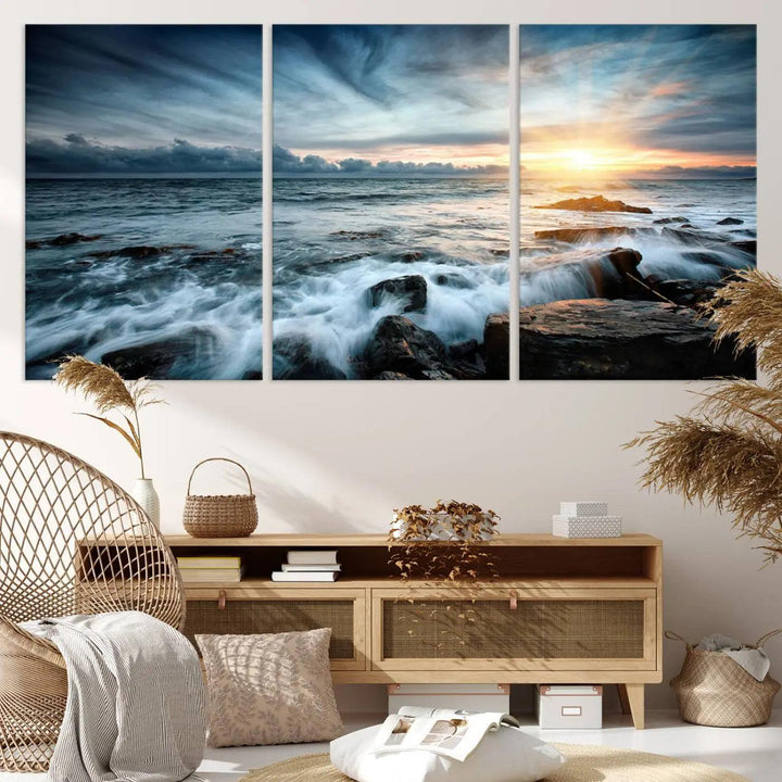 Dynamic Ocean Waves Triptych Canvas Art, Giclee Canvas Print Featuring a Dramatic Ocean Sunrise, Canon Print Quality with Gallery Wrap