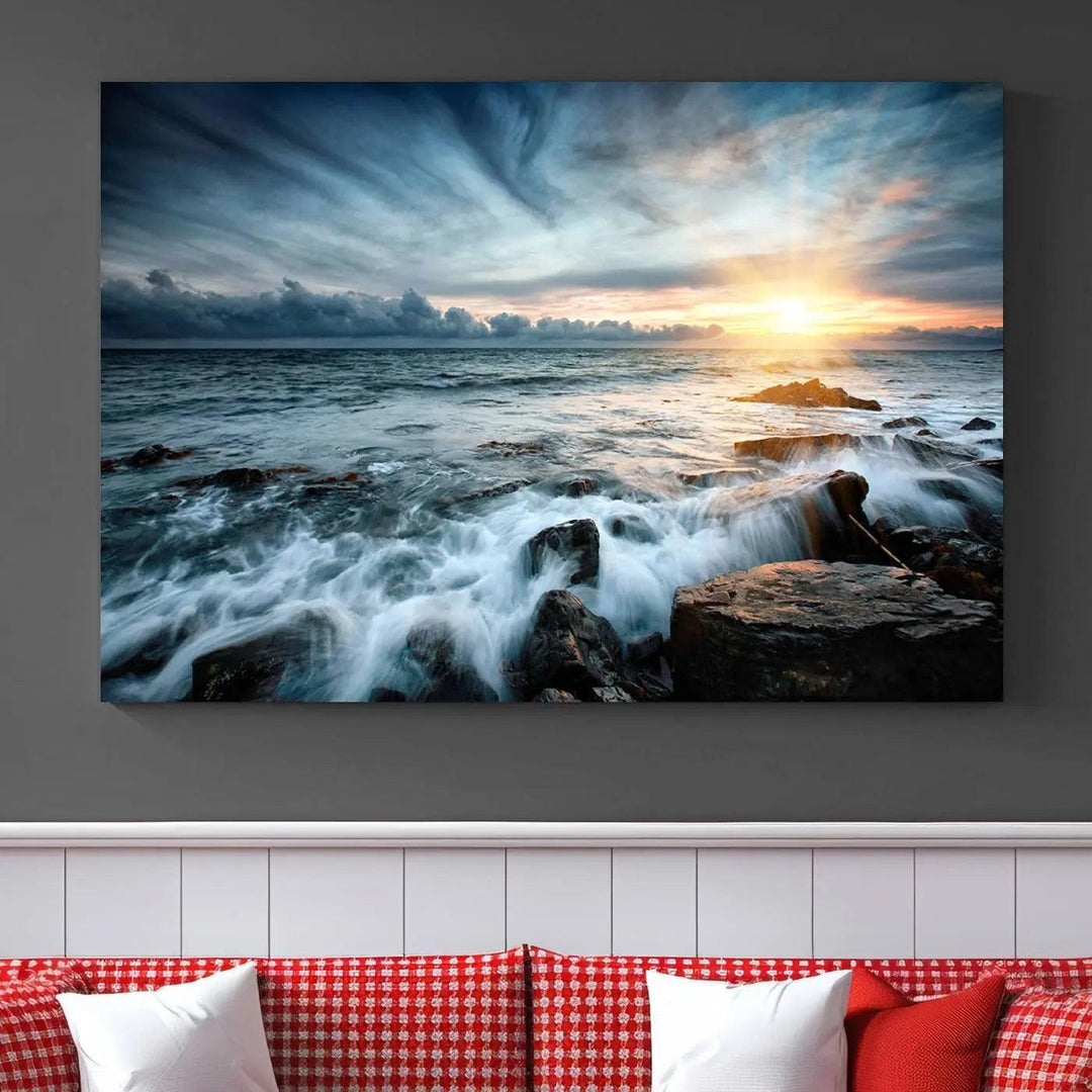 Dynamic Ocean Waves Triptych Canvas Art, Giclee Canvas Print Featuring a Dramatic Ocean Sunrise, Canon Print Quality with Gallery Wrap