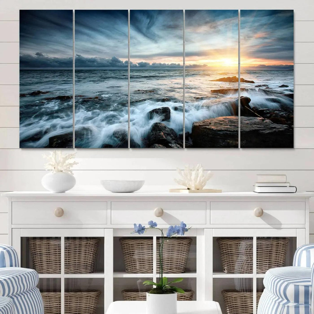 Dynamic Ocean Waves Triptych Canvas Art, Giclee Canvas Print Featuring a Dramatic Ocean Sunrise, Canon Print Quality with Gallery Wrap