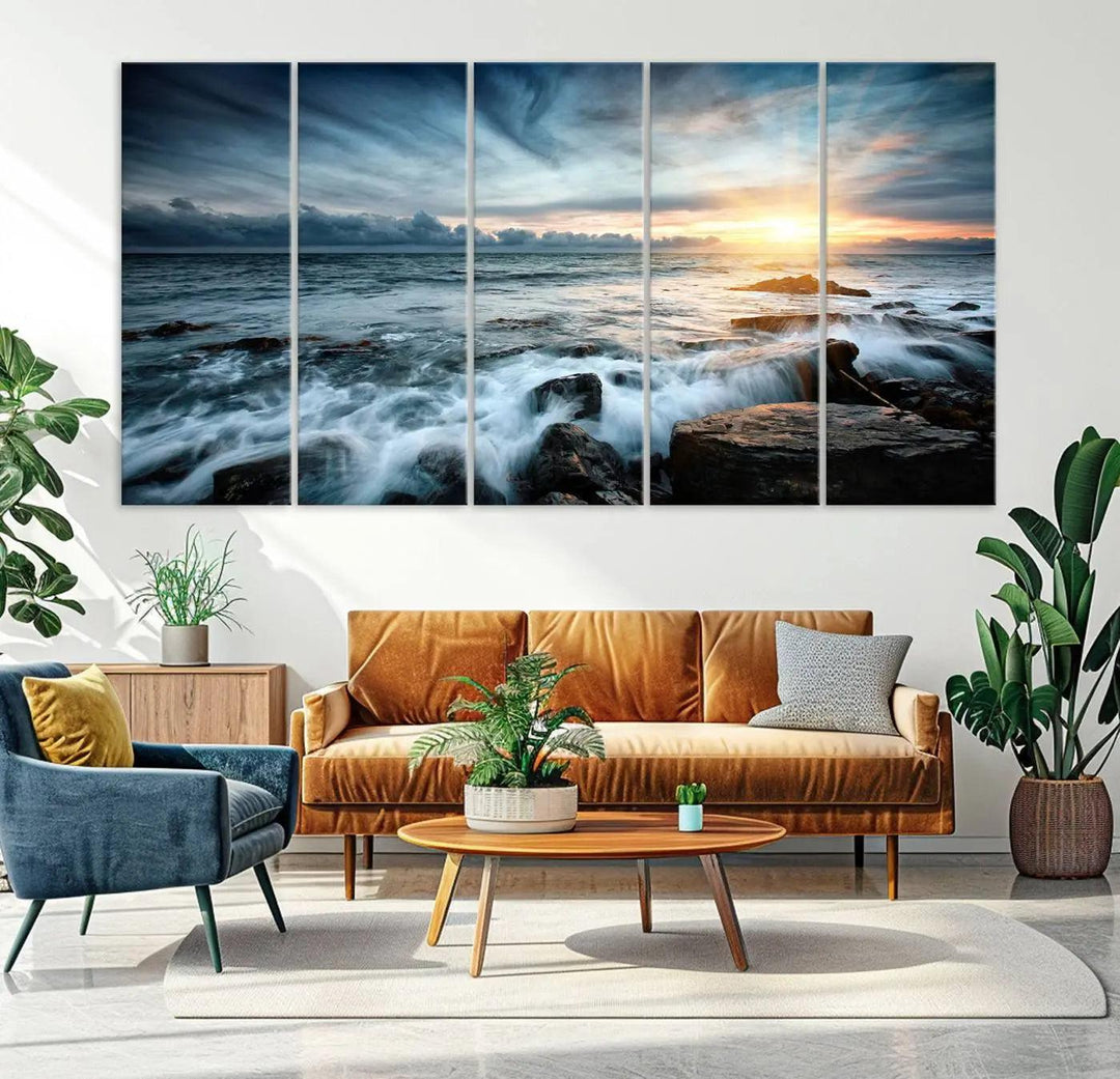 Dynamic Ocean Waves Triptych Canvas Art, Giclee Canvas Print Featuring a Dramatic Ocean Sunrise, Canon Print Quality with Gallery Wrap