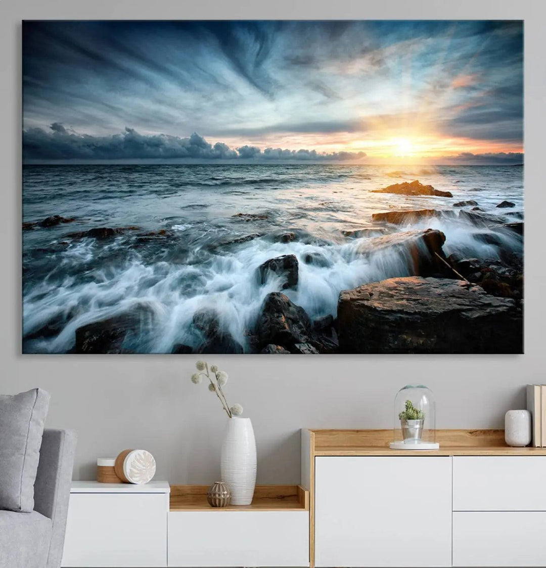 Dynamic Ocean Waves Triptych Canvas Art, Giclee Canvas Print Featuring a Dramatic Ocean Sunrise, Canon Print Quality with Gallery Wrap