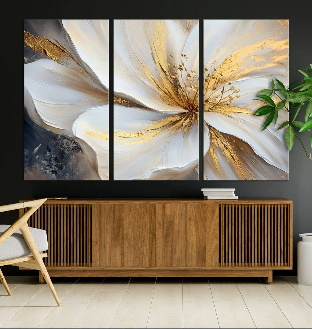 Elegant 3-panel wall art of white and gold flower.