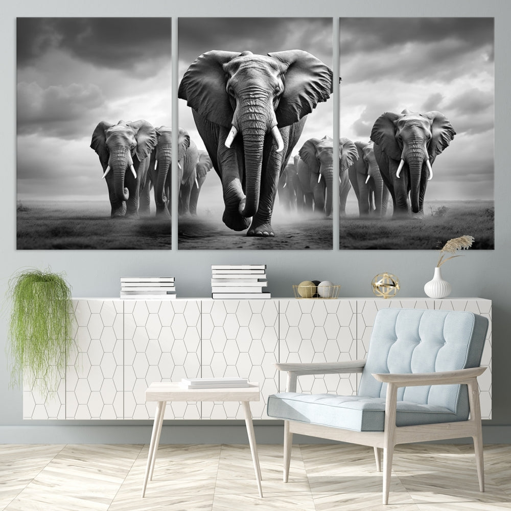 The Elephant Family Wall Art Canvas Print is displayed as a triptych. Each piece is gallery-wrapped on museum-quality canvases for an elegant finish.