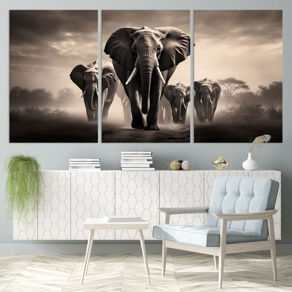 An Elephant Family Wall Art Canvas Print, designed with museum-quality canvas and a UV-protective coating, adorns the living room wall.