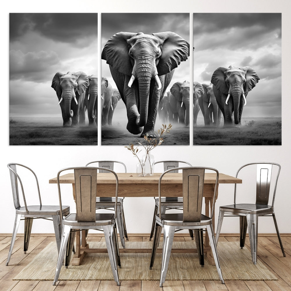 The Elephant Family Wall Art Canvas Print is displayed as a triptych. Each piece is gallery-wrapped on museum-quality canvases for an elegant finish.