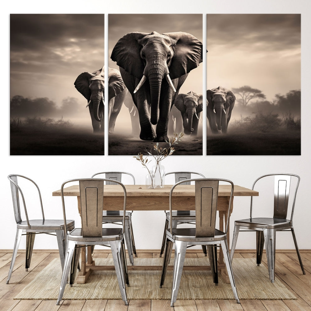 An Elephant Family Wall Art Canvas Print, designed with museum-quality canvas and a UV-protective coating, adorns the living room wall.