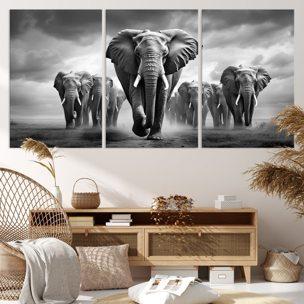 The Elephant Family Wall Art Canvas Print is displayed as a triptych. Each piece is gallery-wrapped on museum-quality canvases for an elegant finish.