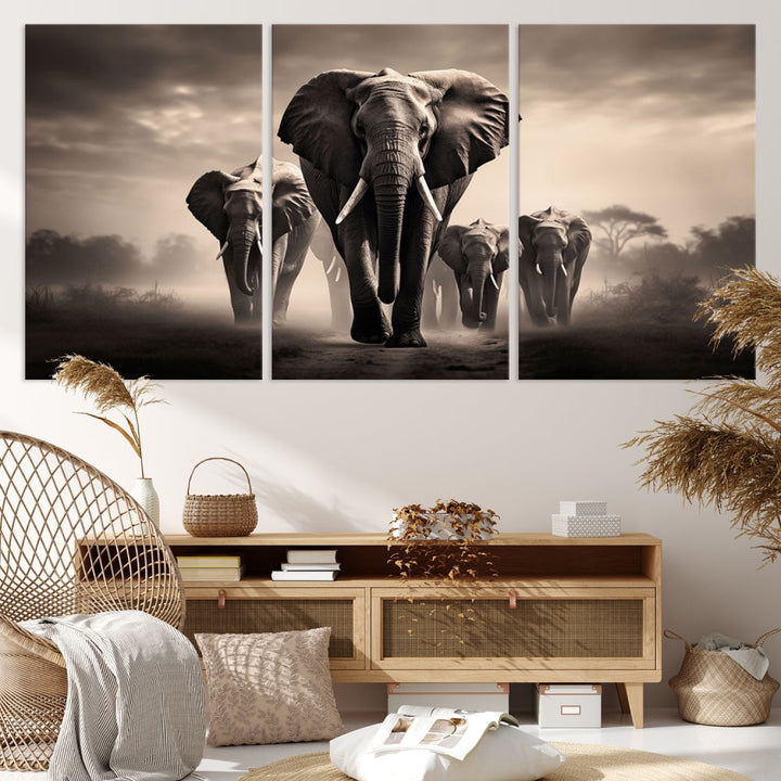 An Elephant Family Wall Art Canvas Print, designed with museum-quality canvas and a UV-protective coating, adorns the living room wall.